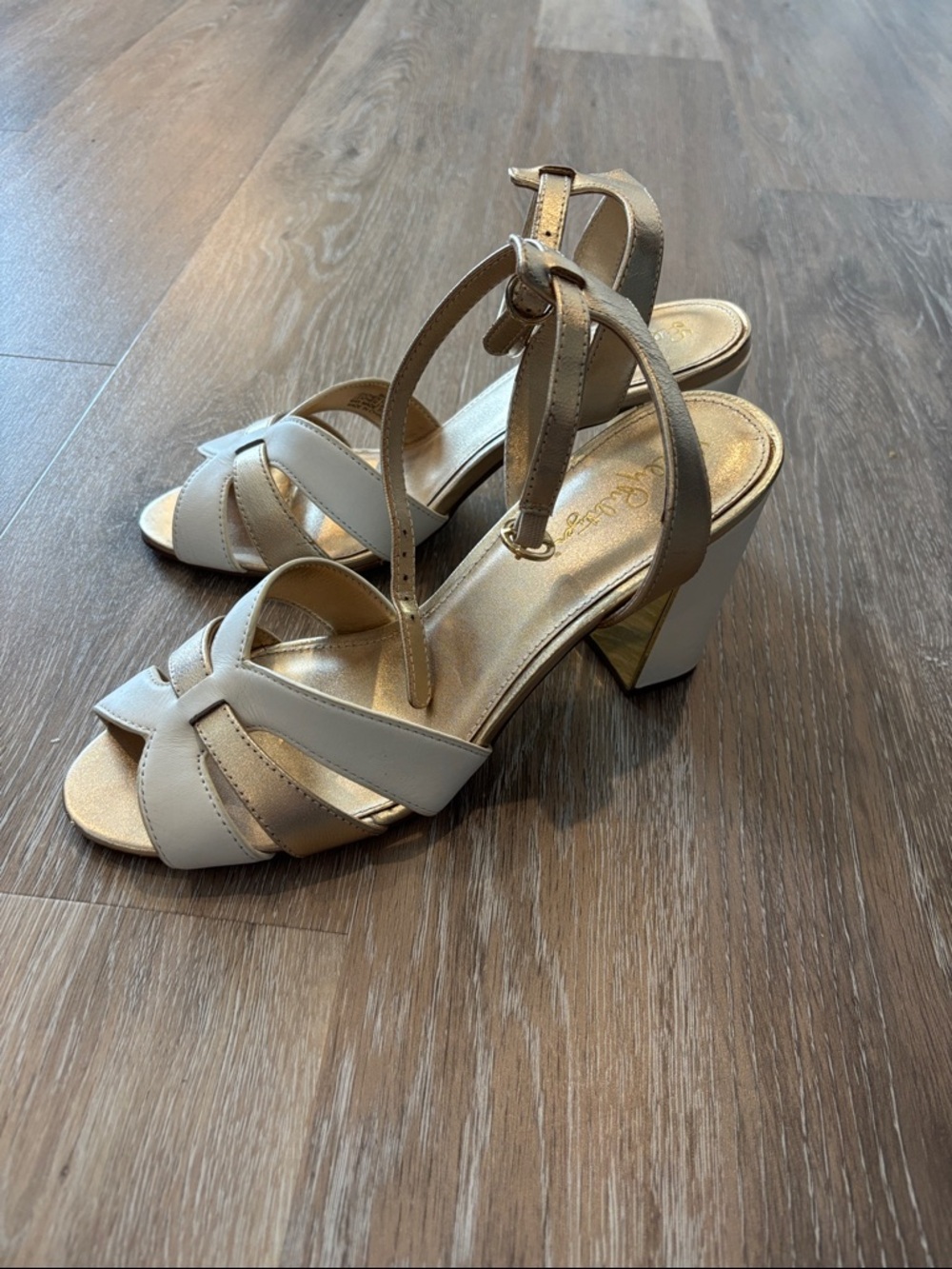 Lilly Pulitzer White and Gold Open-Toe Ankle-Strap Heels
